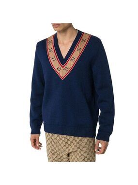 Gucci-GG V-neck Wool Sweater Blue L